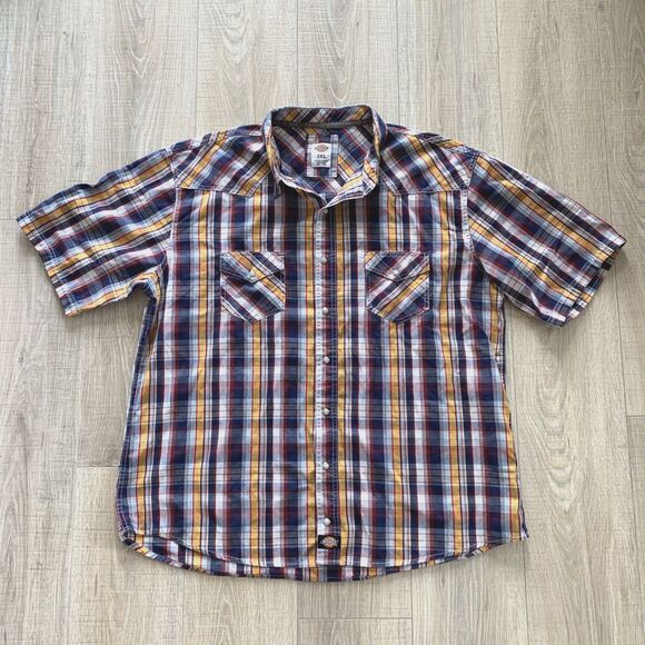 Dickies Blue Red Yellow Plaid Short Sleeve Shirt Pearl Snap Button Down Men 3XL - Picture 1 of 7